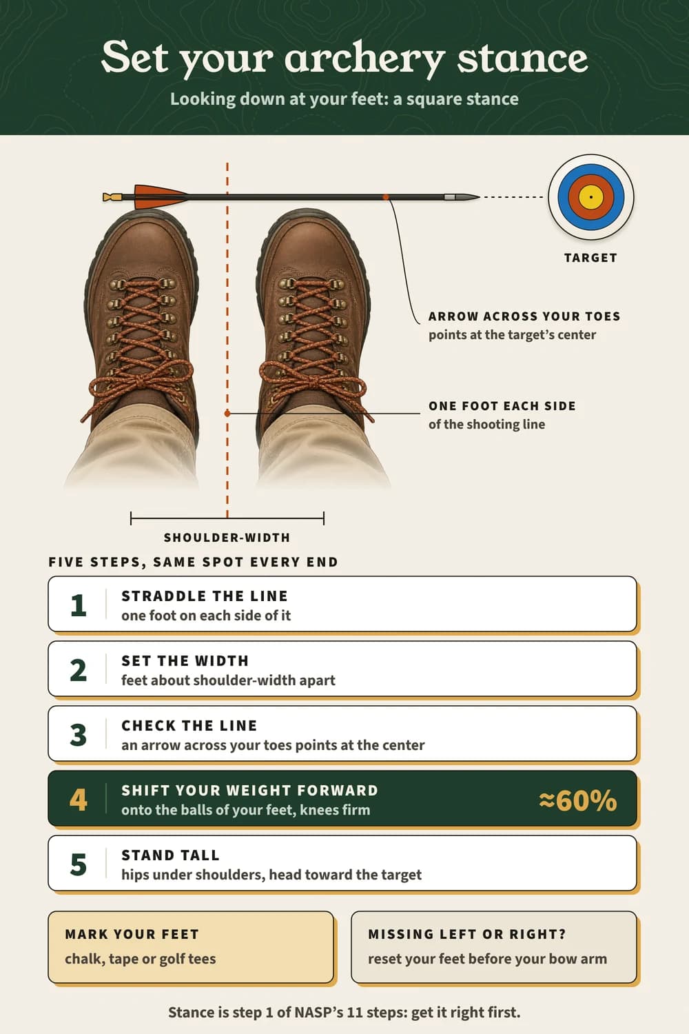 Archery stance from above: feet shoulder-width apart straddling the line, an arrow across the toes points at the target, then five setup steps.
