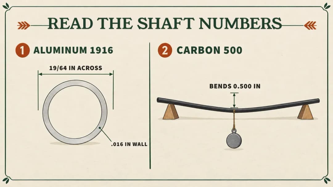 Reading shaft numbers: aluminum 1916 means 19/64 inch across with a .016 inch wall; carbon 500 means the shaft bends 0.500 inch in the spine test.
