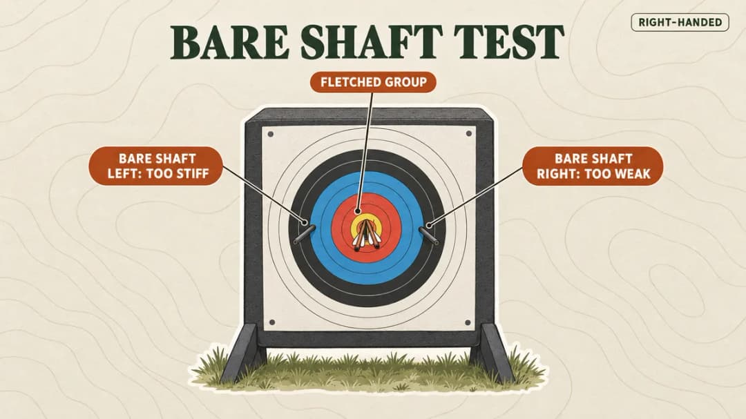 Bare-shaft test for a right-handed archer: a bare shaft left of the fletched group means too stiff, right of it means too weak.