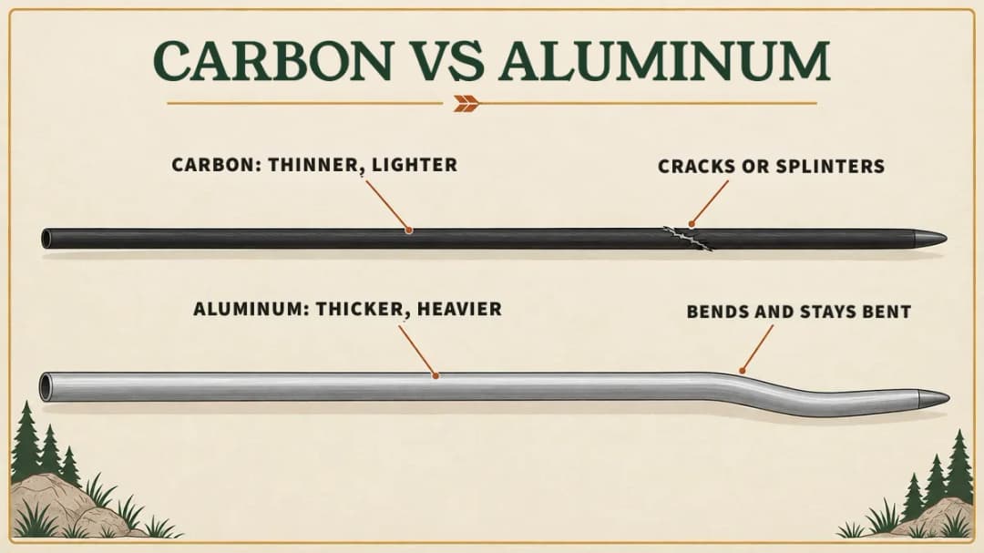 Carbon vs aluminum arrows: carbon is thinner and lighter and cracks or splinters; aluminum is thicker and heavier and bends and stays bent.