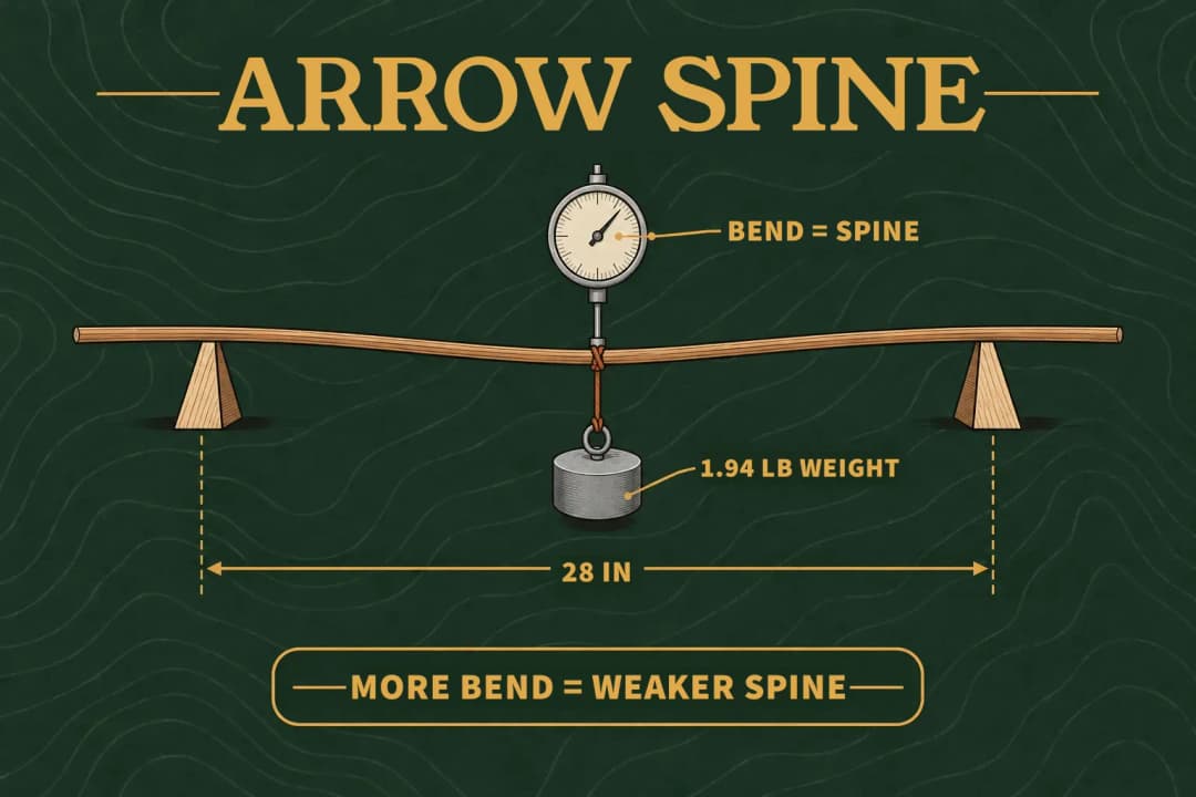 Arrow spine: an arrow shaft resting on supports 28 inches apart bends under a 1.94 lb weight hung from its middle; more bend means a weaker spine.
