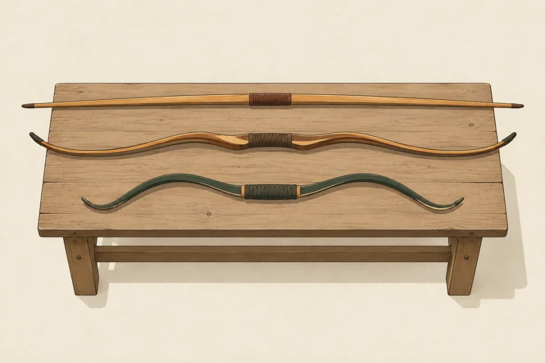 A longbow, a wooden recurve and a short horse bow lying side by side on a wooden bench, unstrung.