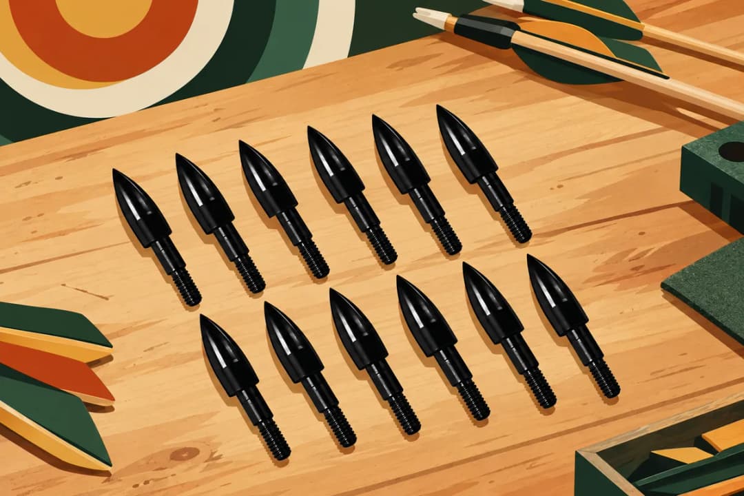 Twelve black screw-in field tips with threaded ends laid in two rows on a wooden range bench, a target and arrows at the edges