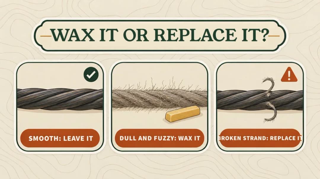 How a bowstring looks tells you whether to leave it, wax it or replace it Wax it or replace it: a smooth string needs nothing, a dull fuzzy string needs wax, a string with a broken strand needs replacing.