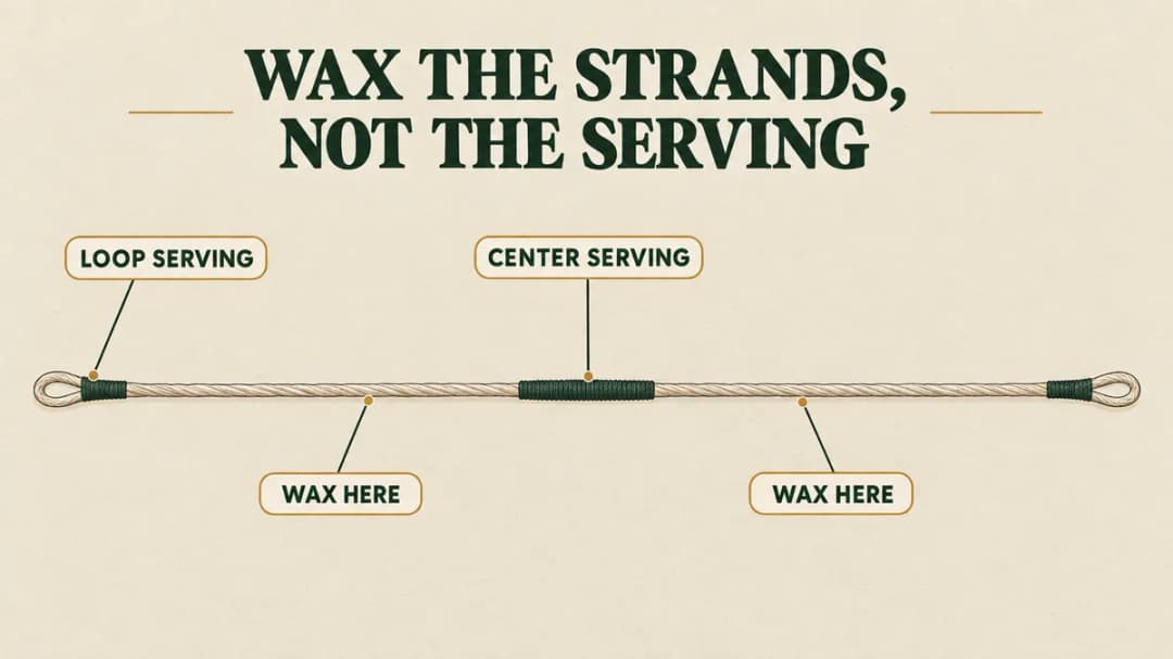 Wax only the bare strands of a bowstring, never the servings at the center and the loops Where to wax a bowstring: wax the bare strands between the servings; keep wax off the loop servings and the center serving.