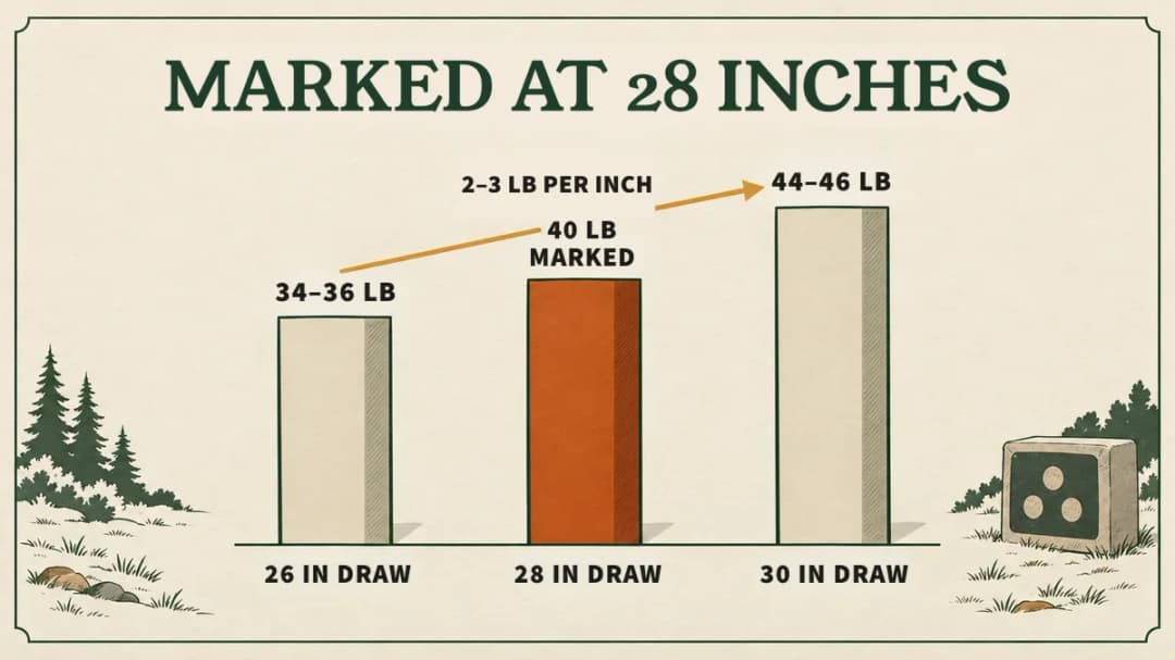 Recurve limbs are marked at a 28-inch draw; a shorter draw pulls lighter and a longer draw heavier, about 2-3 lb per inch A 40 lb recurve marked at 28 inches pulls about 34–36 lb at a 26-inch draw and about 44–46 lb at 30 inches: 2–3 lb per inch.