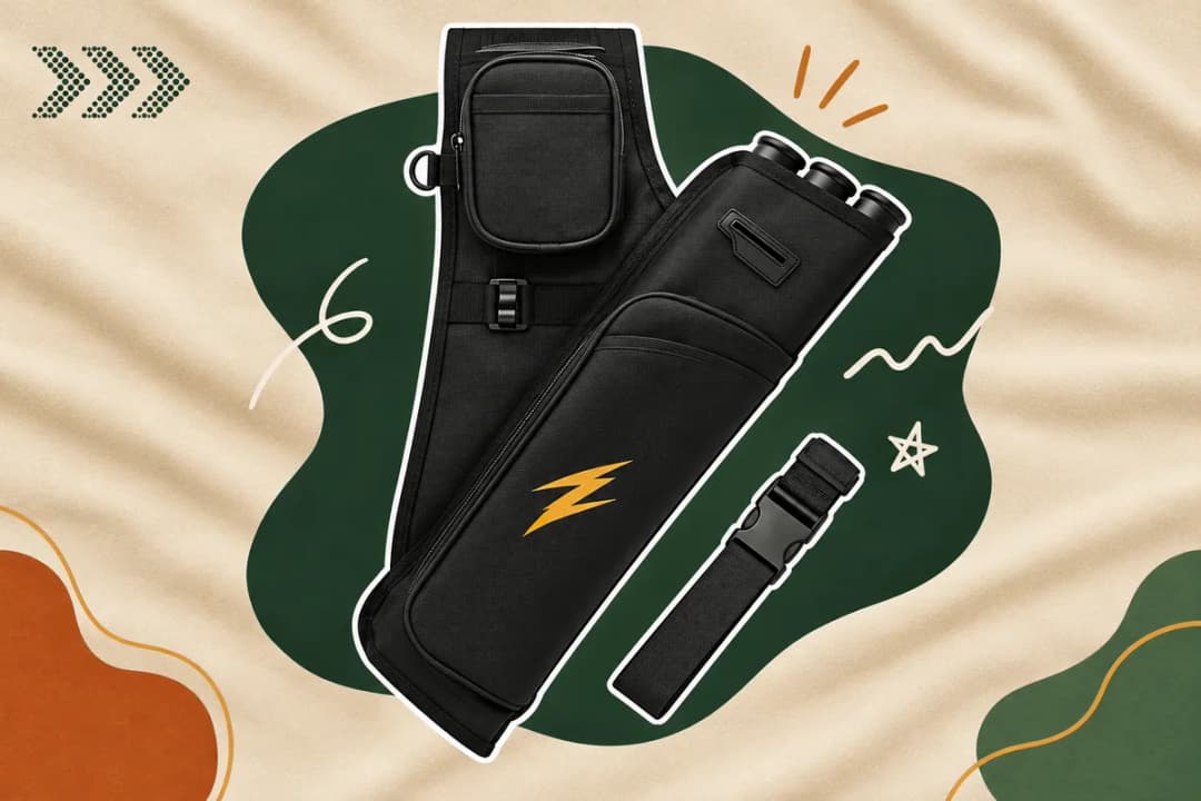 SUNYA hip quiver on a pine-green blob A black nylon hip quiver with three arrow tubes, a zipped top pocket, a yellow lightning-flash graphic and its black belt, over a pine-green blob on sand