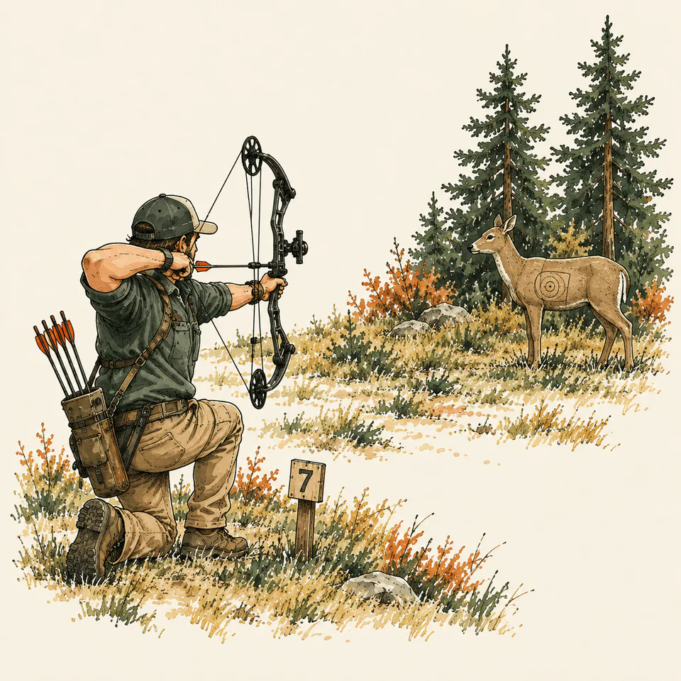 Archer kneeling at a foam deer target on a 3D course