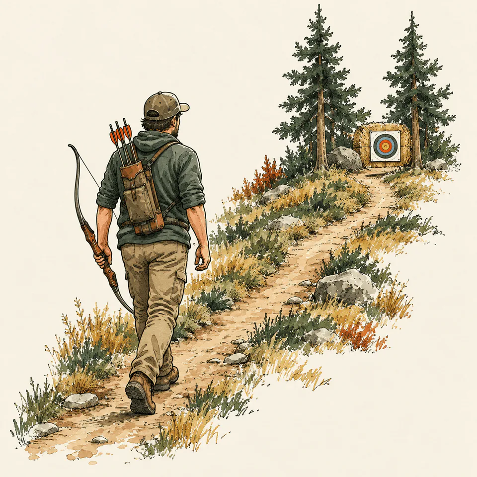 Archer walking a trail toward a target between pines