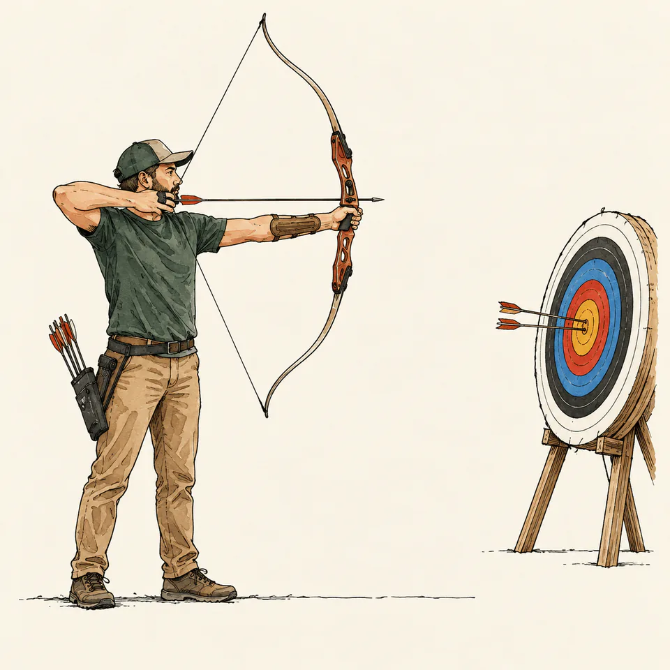 Archer at full draw aiming at a round target
